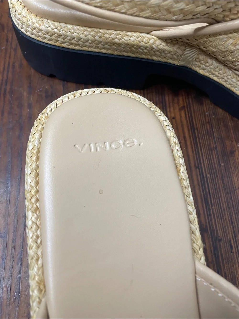 Vince Beige Woven Raffia Slingback Sandals with Black Lug Sole